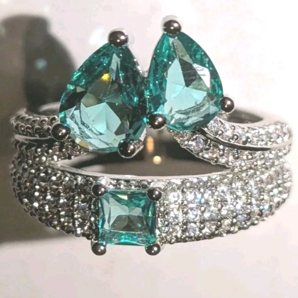 S925 Silver 5.10CTW EMERALD & WHITE Lab-Created DIAMOND Engagement Ring Sz 7